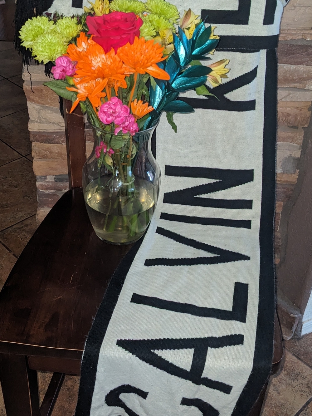 Calvin Klein Black and White Logo Fringe Scarf